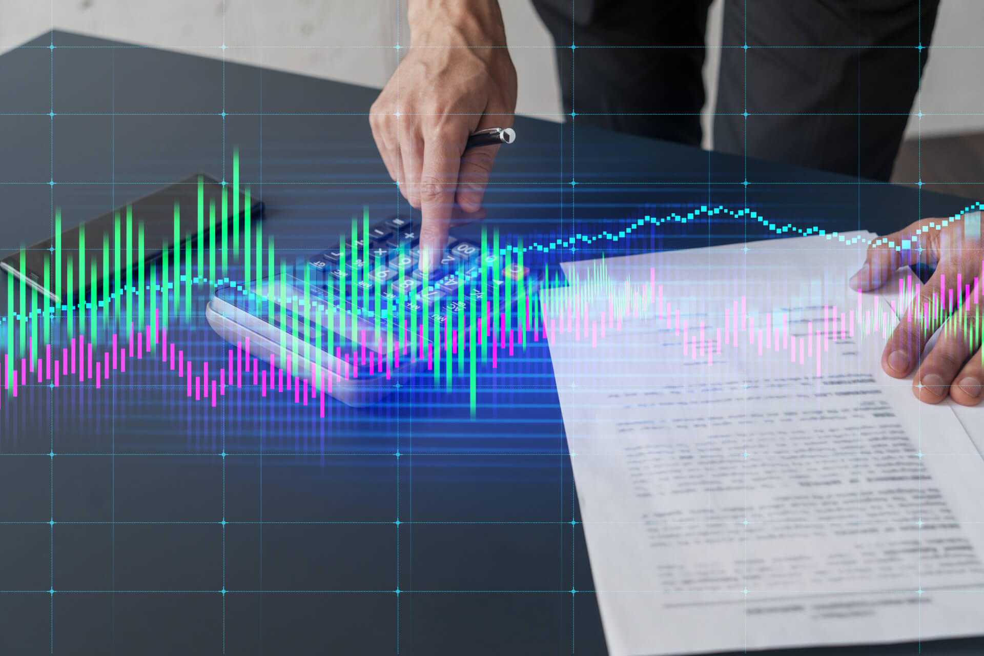 Double exposure of man sign a brokerage contract and financial chart.
