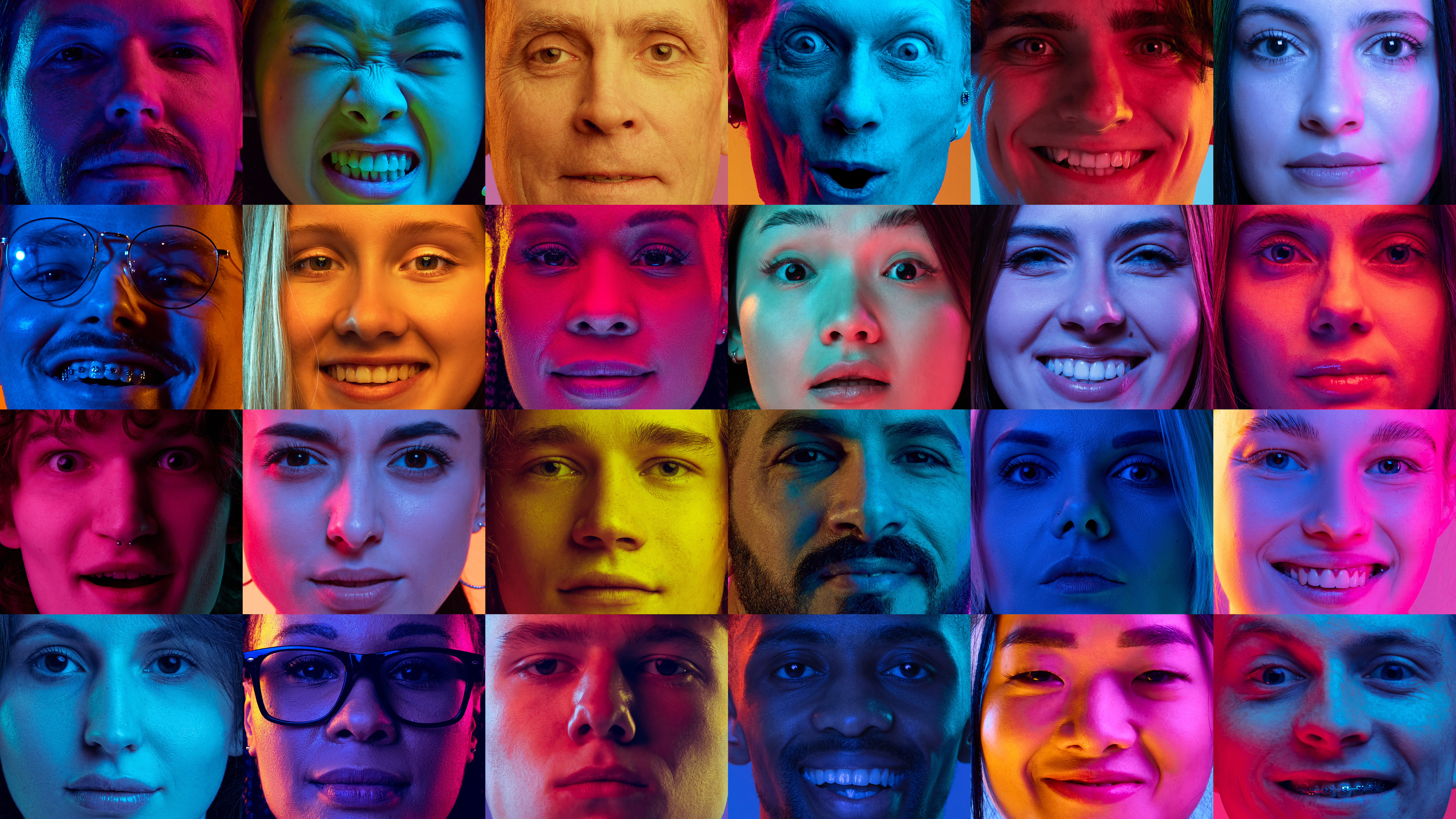 Collage made of close up portraits of different people, men and women looking at camera against multicolored background in neon light